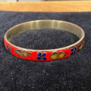 Vintage Red Cloisonné Enamel Bangle Bracelet – Floral & Butterfly Motif